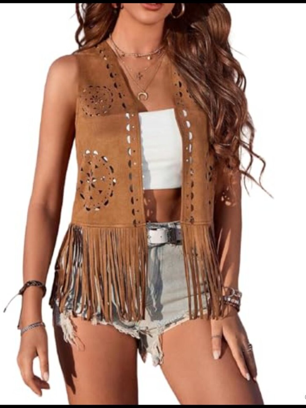 Faux Suede Fringe Vest 70s Hippie Cowgirl Sleeveless Western Costume Outerwear